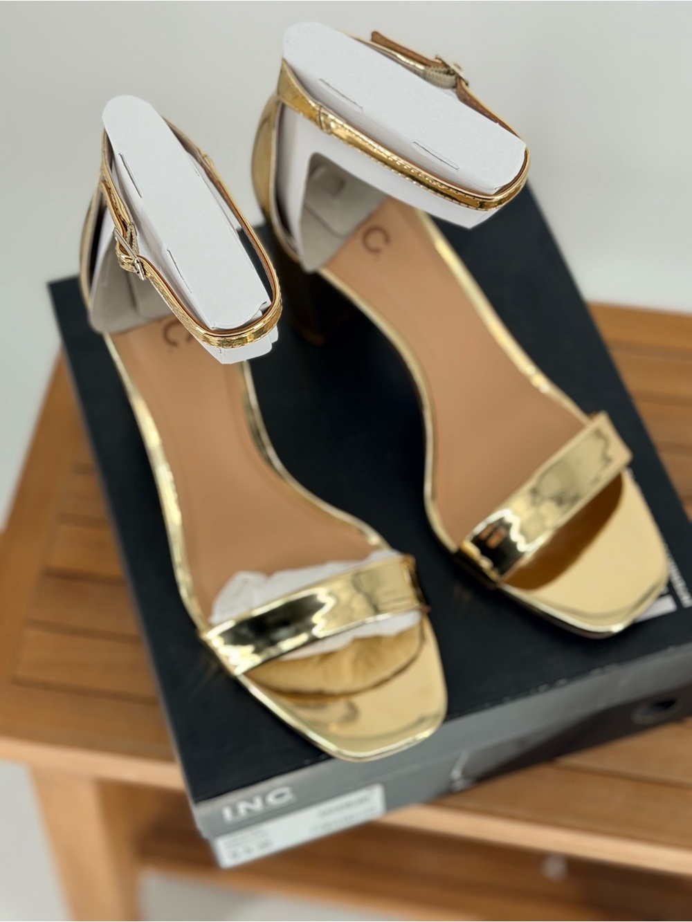 New women’s INC International Concepts Gold Metallic Ankle-Strap Heels size 9.5M